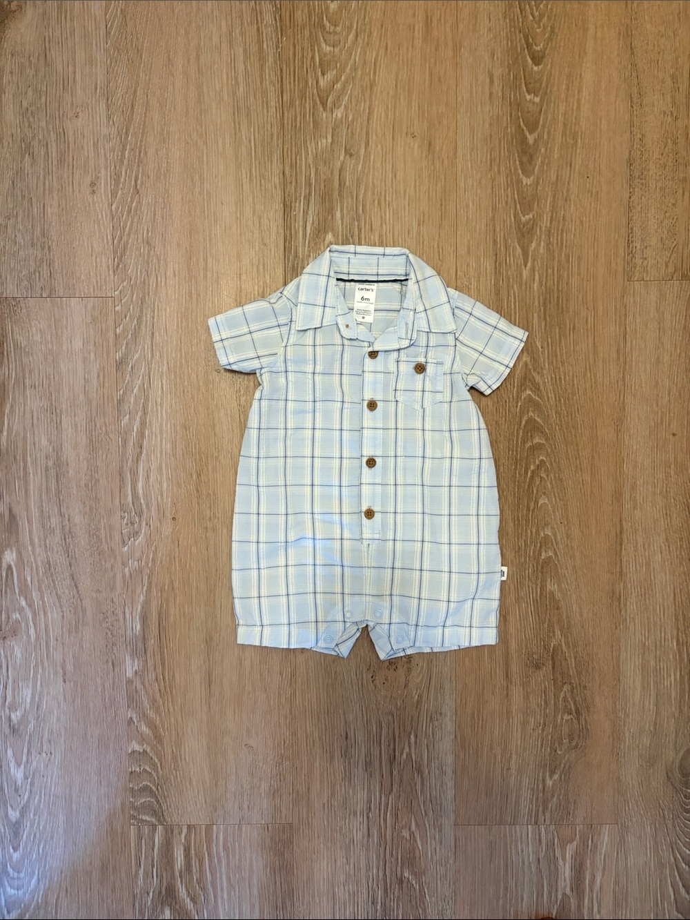 Baby Boy Light Blue Plaid Short Sleeve Romper